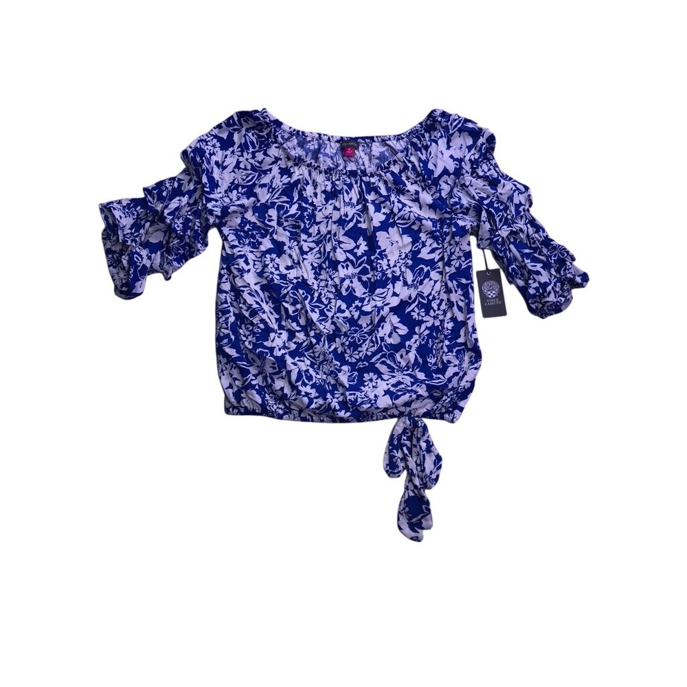 Vince Camuto Blouse Women Medium Blue Floral Tiered Ruffle Sleeve Tie Hem Top